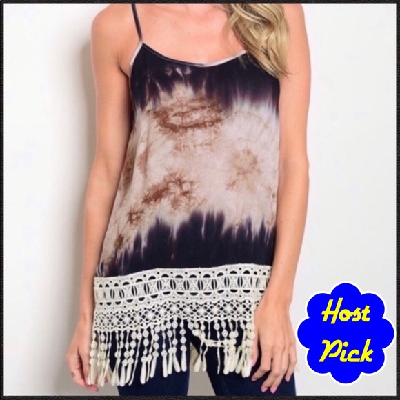 Tops - 🏆HP🏆Navy Tie Dye Fringe Tank Top